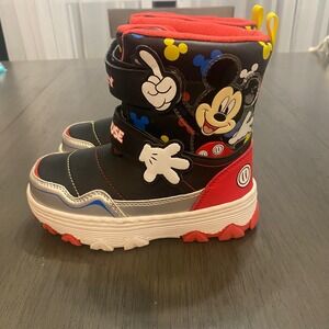 Disney Mickey Mouse Snow Boots Toddler‎ 11 Red Black Double Strap Winter Shoes